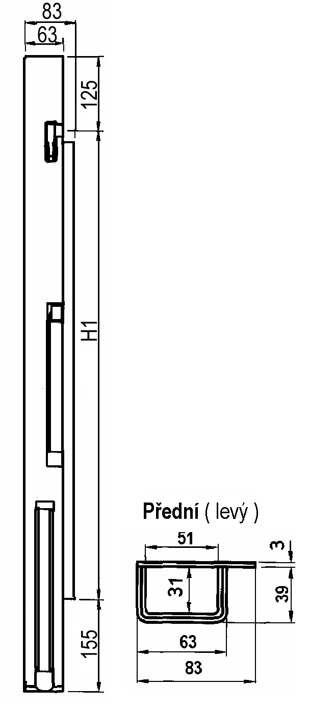 Výška bočnice = 800 mm
Tloušťka bočnice = 30 mm
63 x 39 mm
